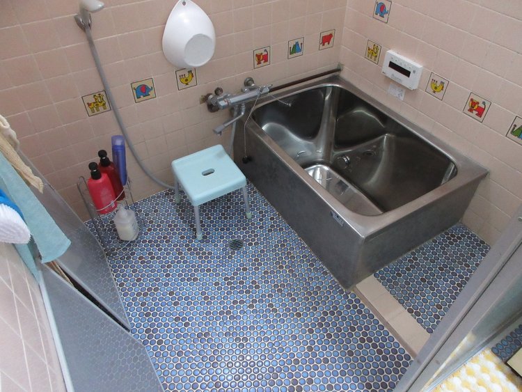 ステンレス浴槽とタイル貼りの浴室